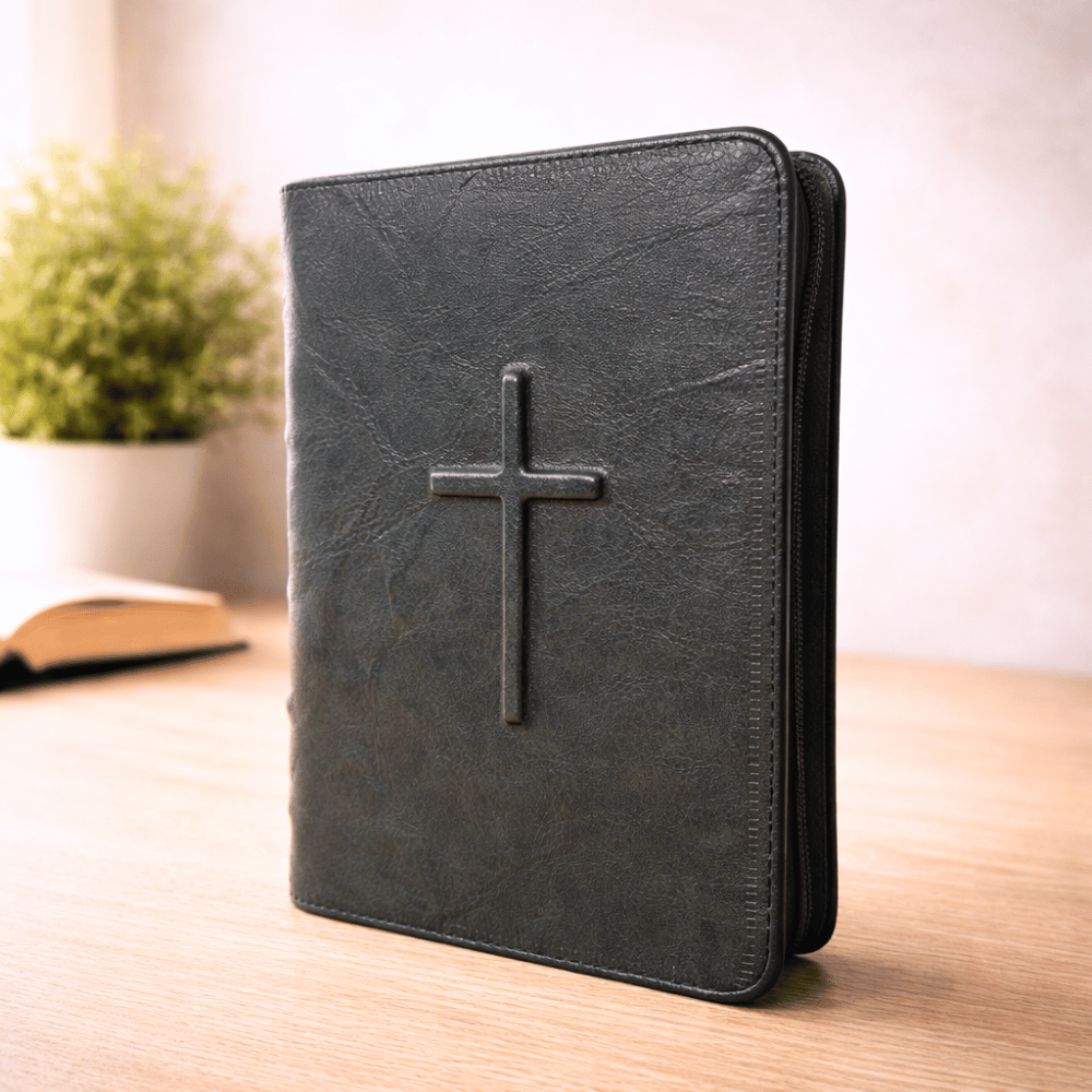 Biblie din piele finisaj rustic, marime medie, neagra, simbol cruce in relief, fermoar, index, margini aurii, cuv. lui Isus cu rosu [057 PFI]